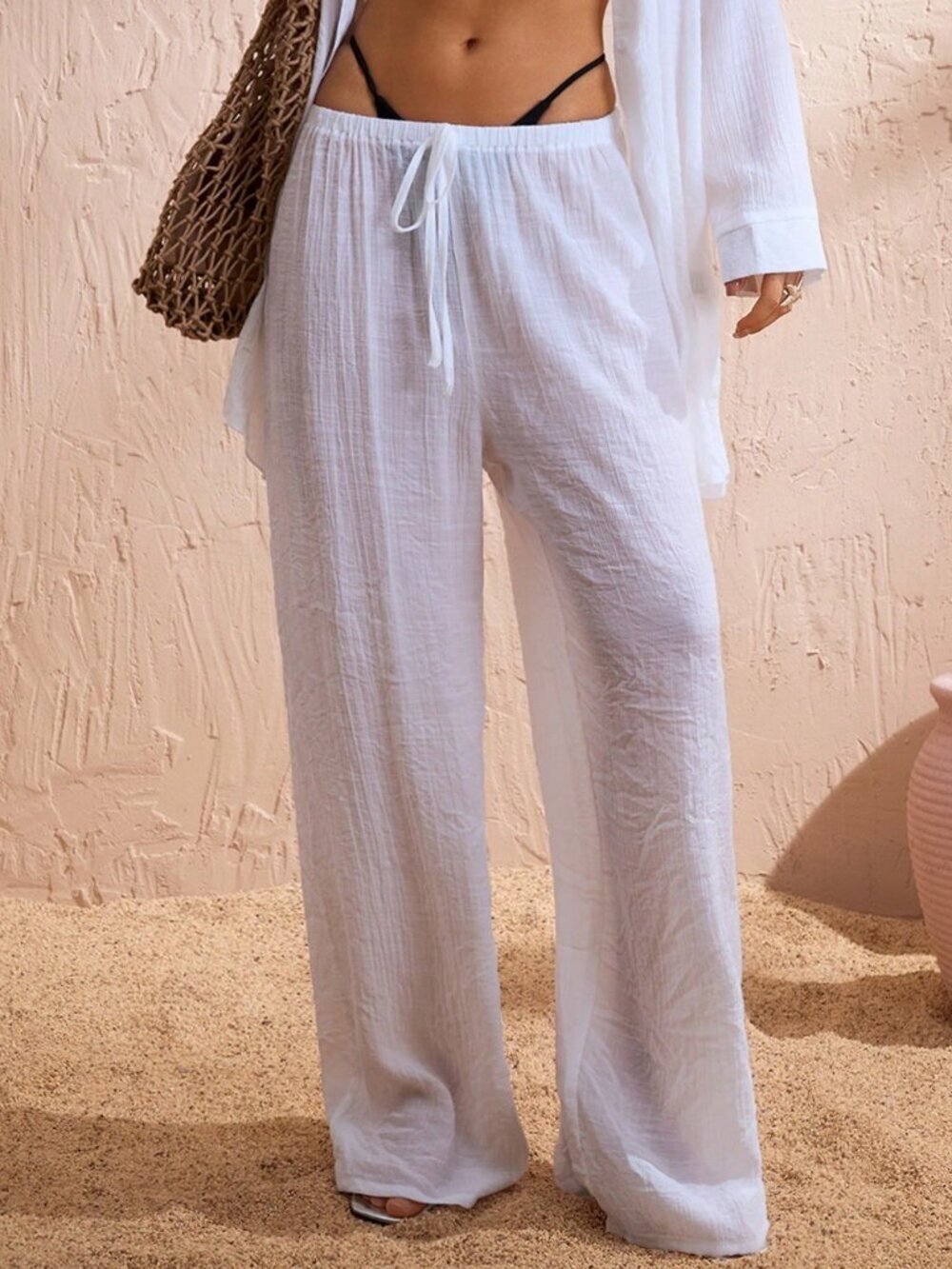 White Women's Beach Tie Waist Wide Leg Pants